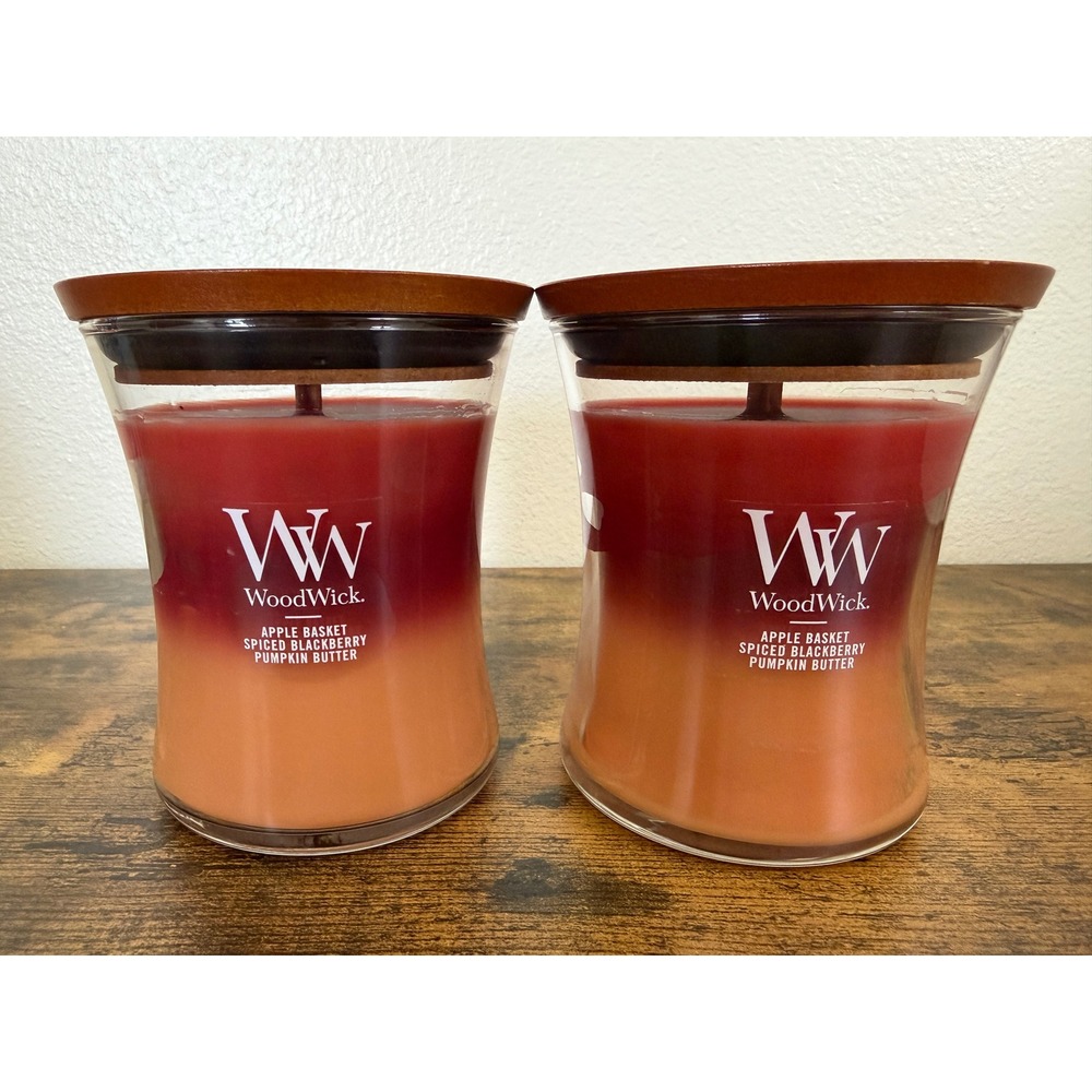 WoodWick Autumn Harvest Trilogy Candle Set of 2 Apple Pumpkin 9.7oz Hourglass